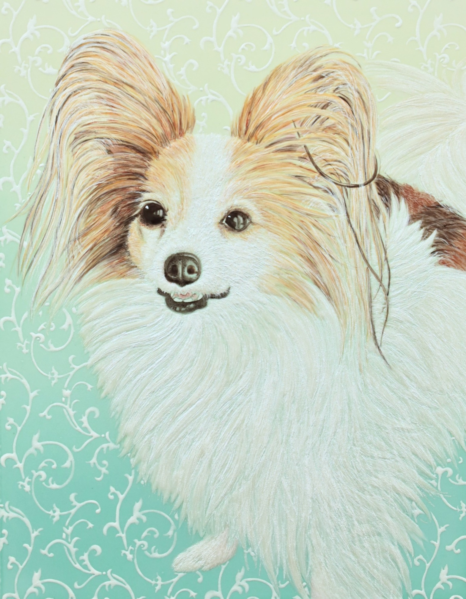 銀色の額に収めた、亀裂のない滑らかな愛犬ベルの陶雅完成作品